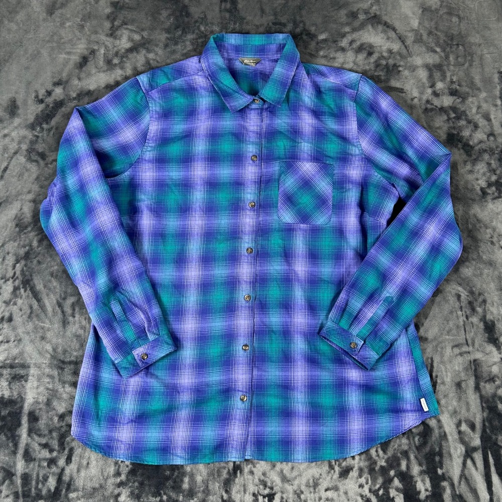 Eddie Bauer Button Up Shirt Womens XL Purple Teal Plaid Long Sleeve Polyester